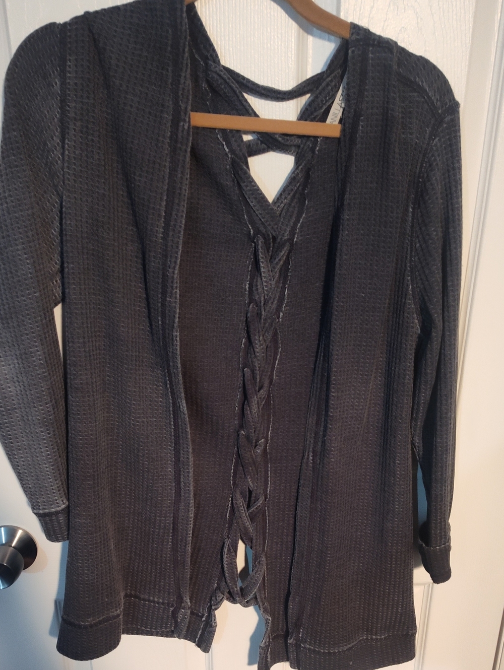 Vanilla Star Charcoal Gray Waffle Knit Open-Front Cardigan with Lace-Up Back - Picture 1 of 3